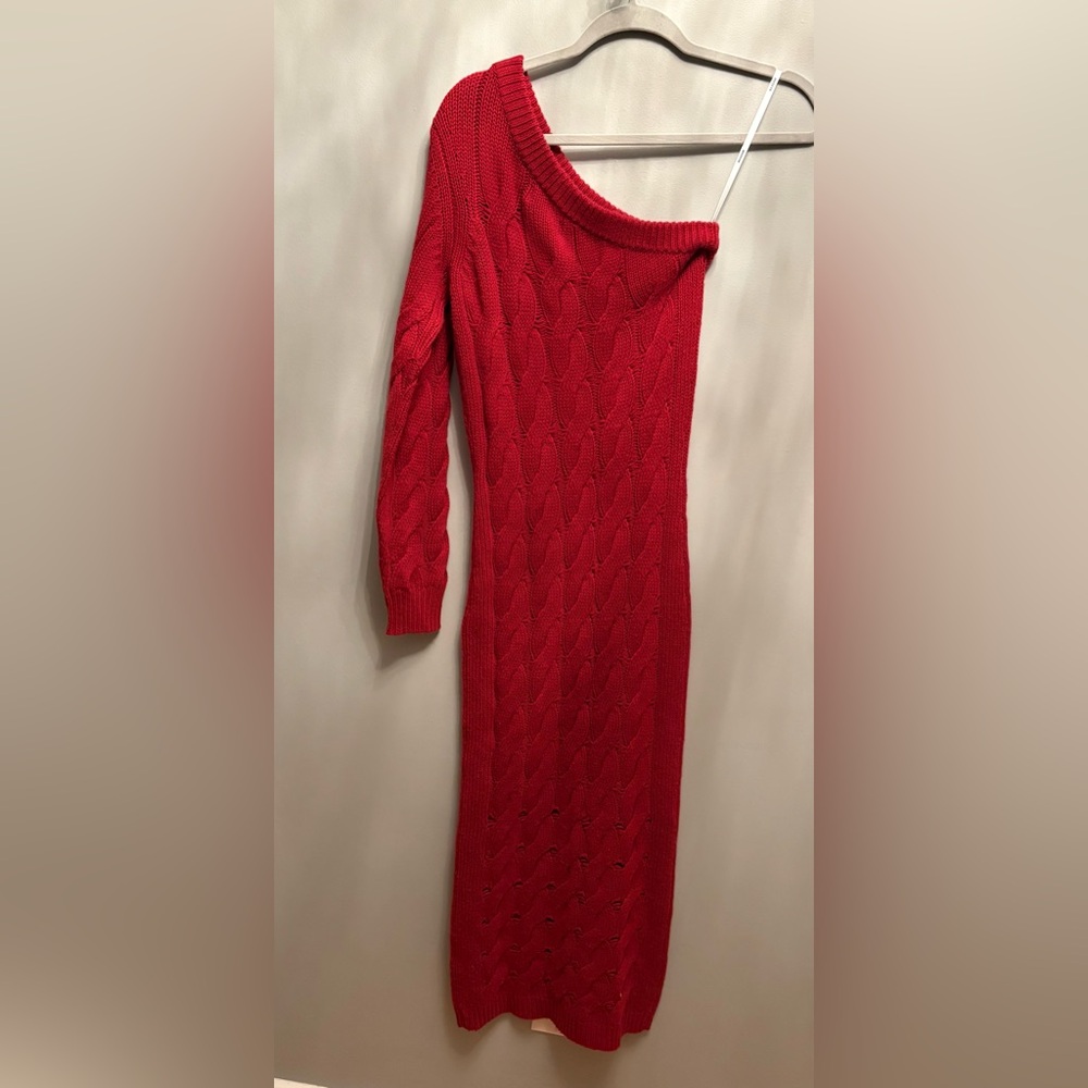 NAADAM Red Wool Cashmere One-Shoulder Cable Knit Midi Dress - size S $375 - Picture 10 of 12
